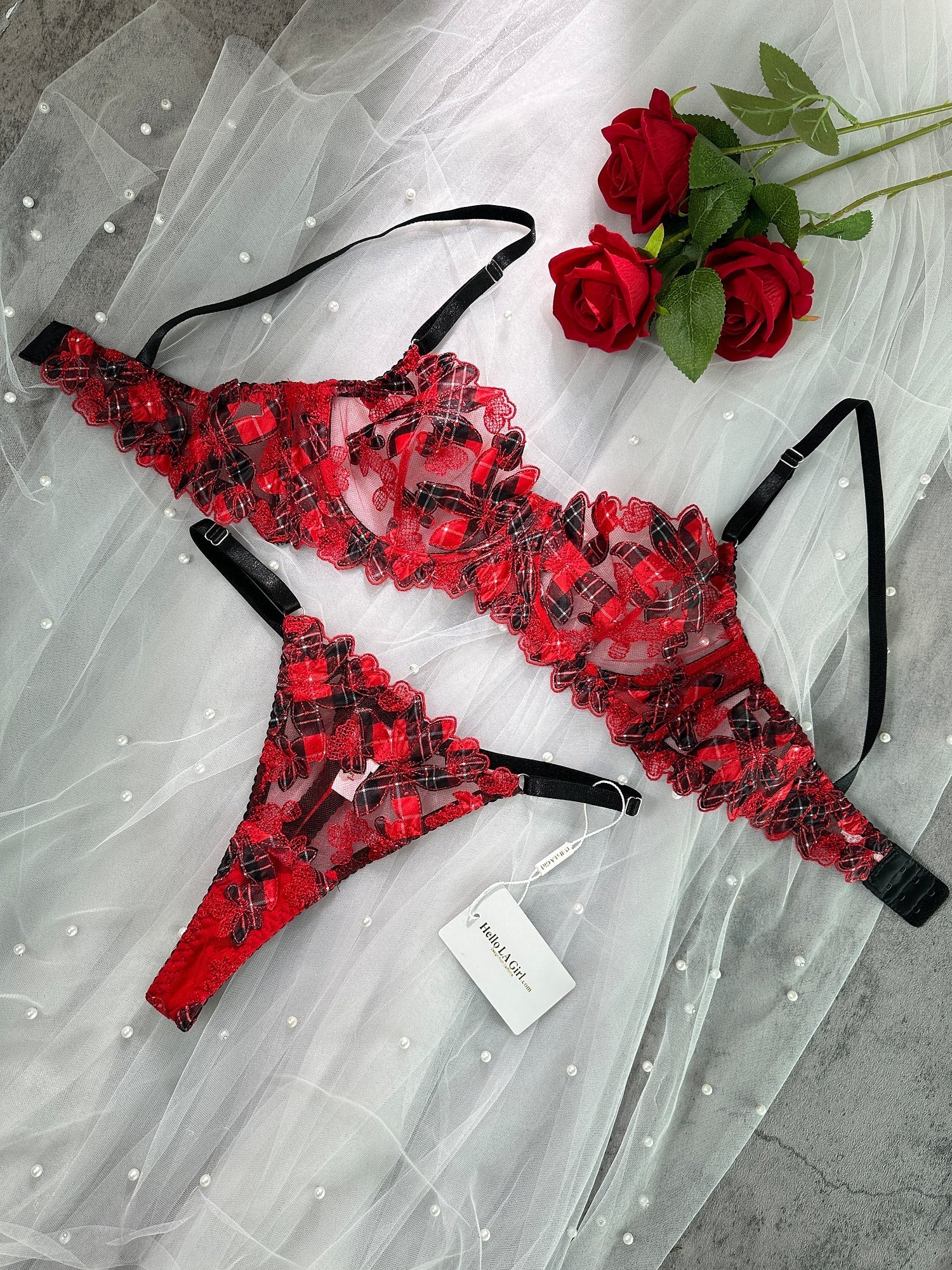 Red Tartan Floral Embroidery Lingerie Set For Women Hello.LA.Girl